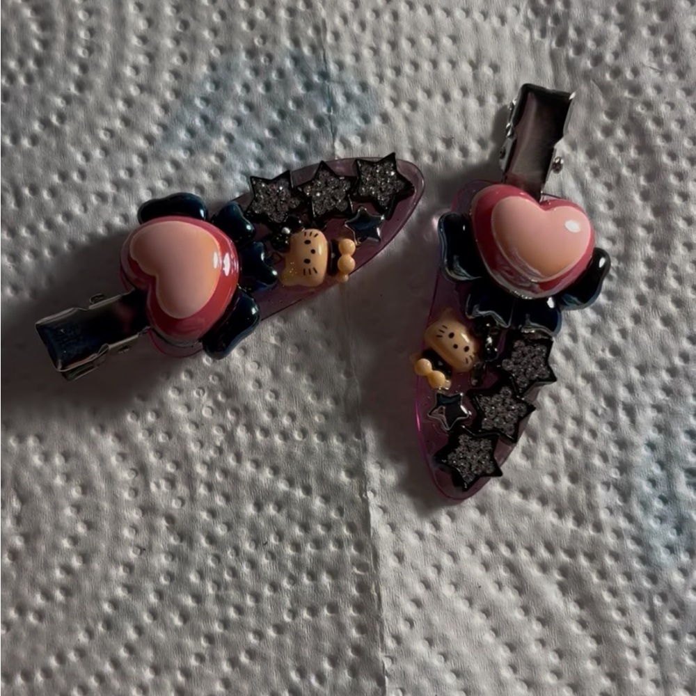 Heart and Star Hair Clips - Pink and Black